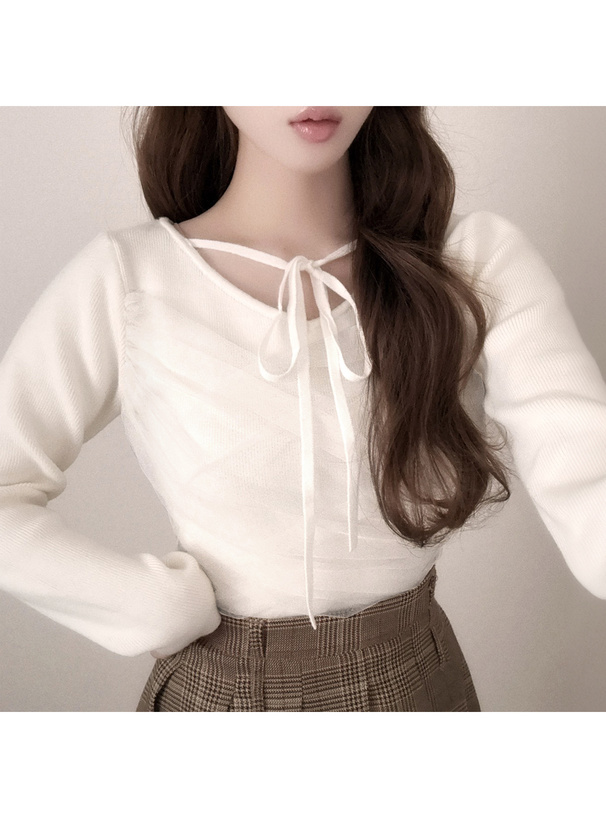 リボンチュールドレープニットトップス