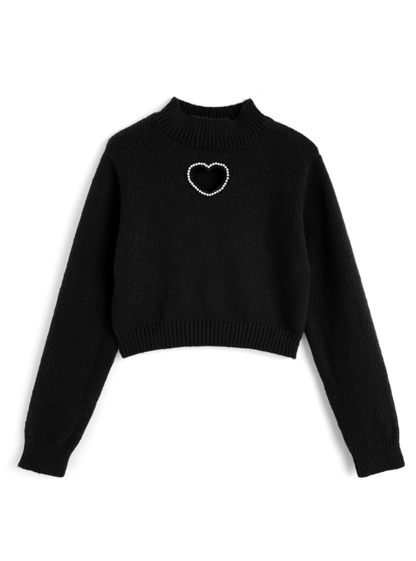 ハートカットアウトパールハイネックニットトップス[lt152