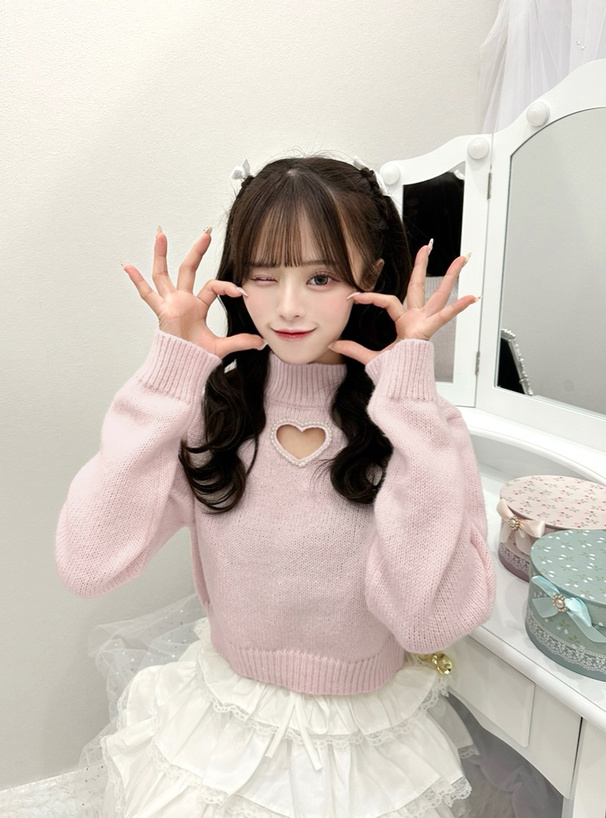 ハートカットアウトパールハイネックニットトップス[lt152