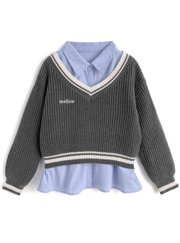 Vネックラインニットトップス×ベーシックシャツアンサンブル