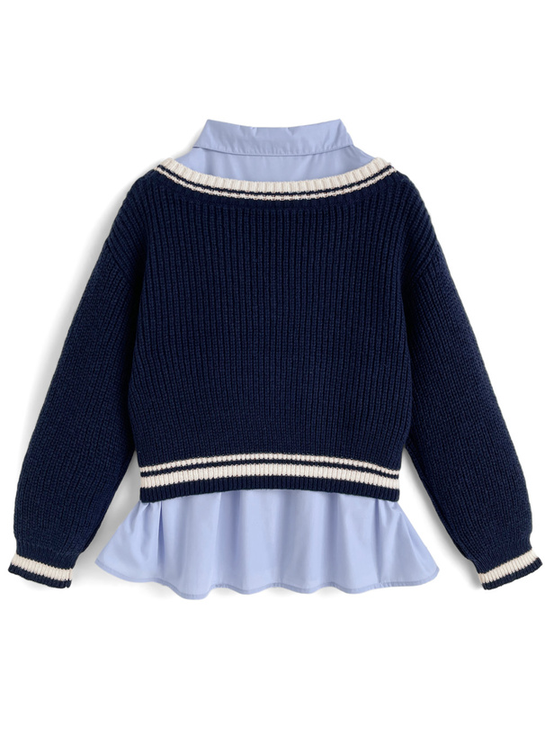 Vネックラインニットトップス×ベーシックシャツアンサンブル