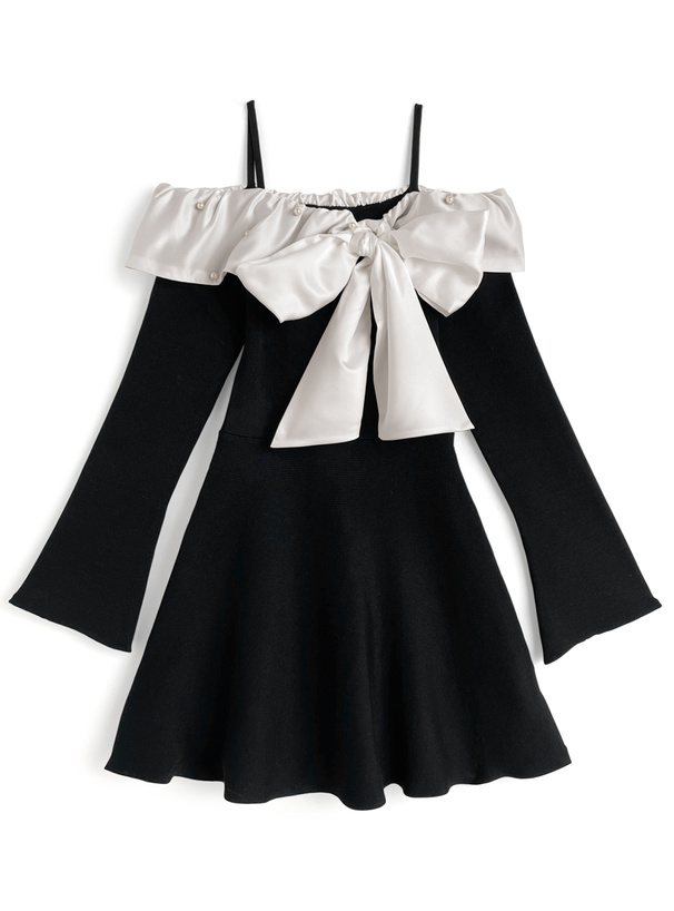 ビッグリボンオフショルダーフレアニットワンピース[lt156