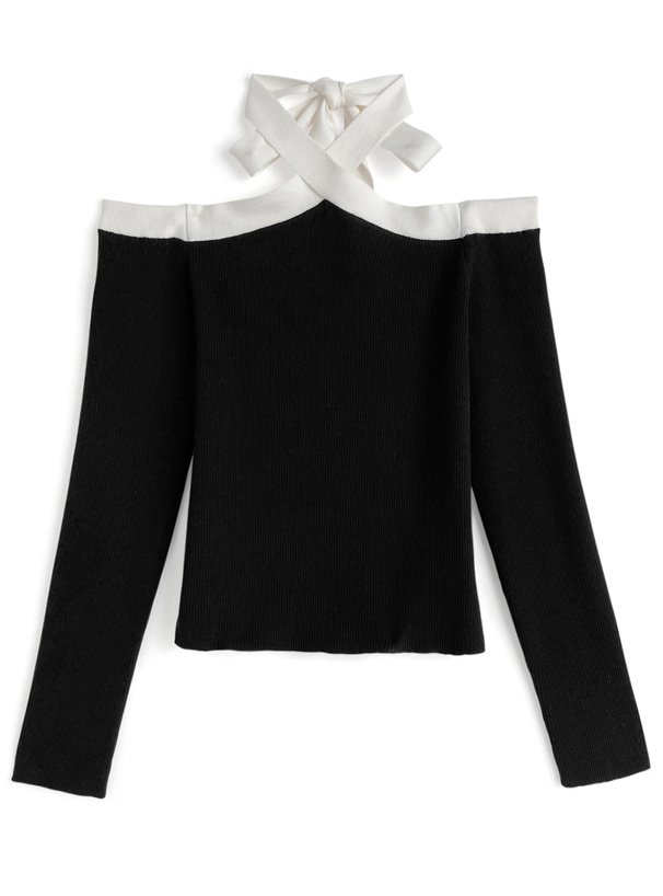 配色ホルターネックオフショルダーニットトップス[lt157] | レディース