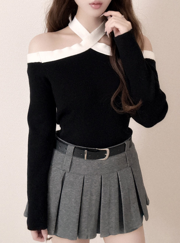 配色ホルターネックオフショルダーニットトップス[lt157] | レディース