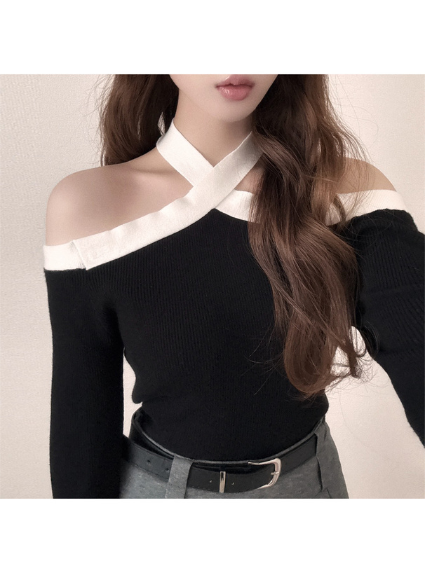 オフショルニット 配色ホルターネックオフショルダーニットトップス[lt157] | レディース