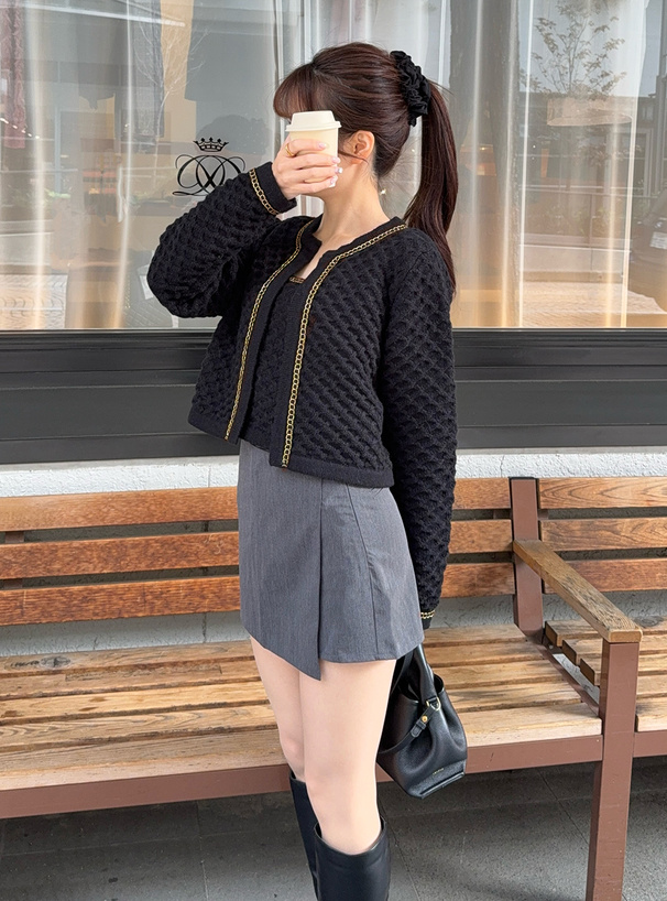 カーディガン×タンクトップワッフルニットアンサンブル