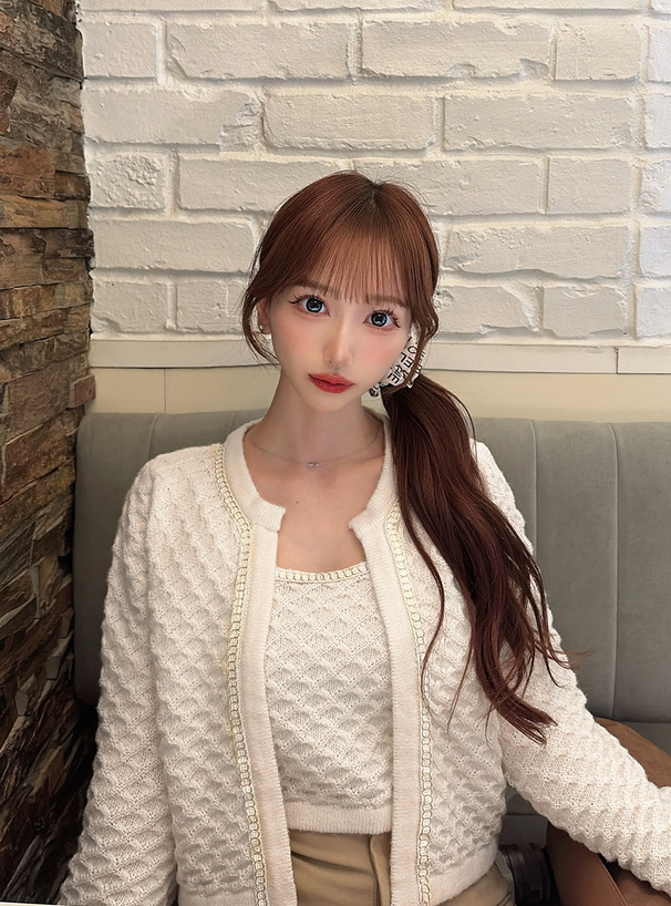 カーディガン×タンクトップワッフルニットアンサンブル