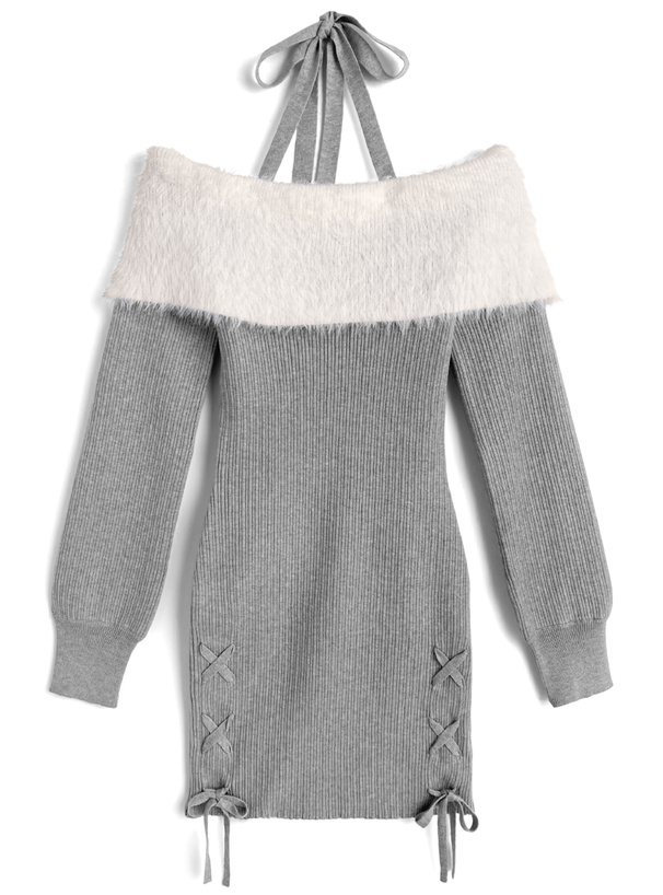 ホルターネックシャギーオフショルダーレースアップリブニットミニワンピース