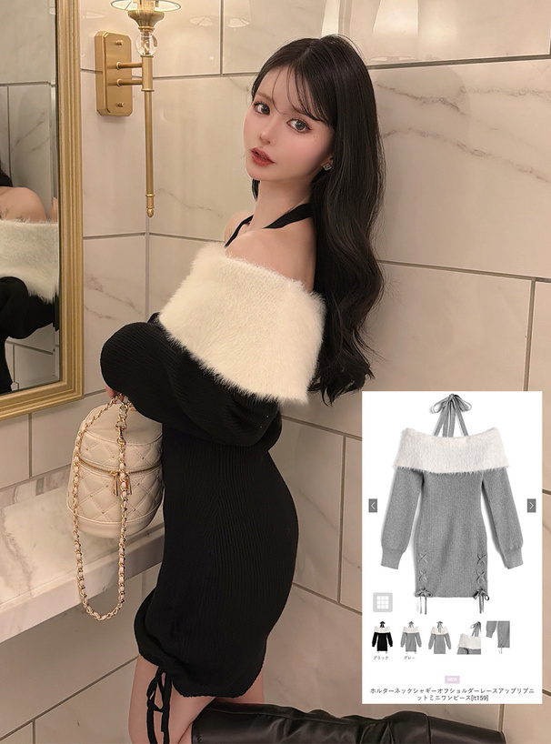 ホルターネックシャギーオフショルダーレースアップリブニットミニ