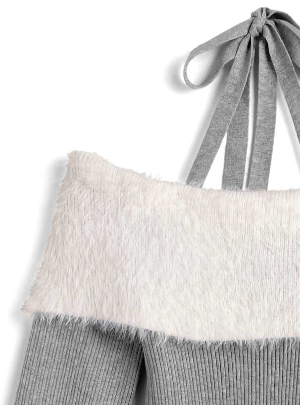 ホルターネックシャギーオフショルダーレースアップリブニットミニワンピース