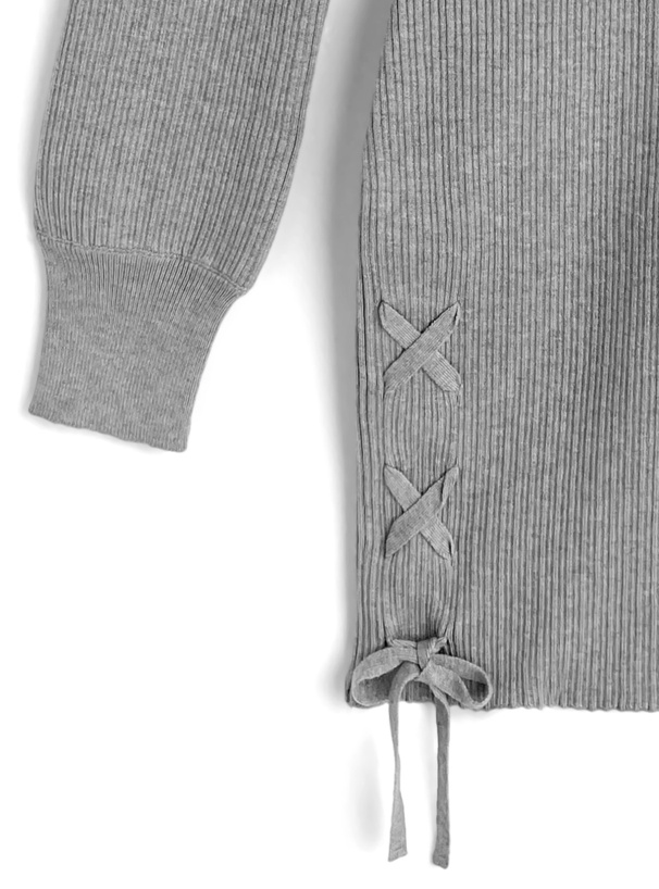 ホルターネックシャギーオフショルダーレースアップリブニットミニワンピース