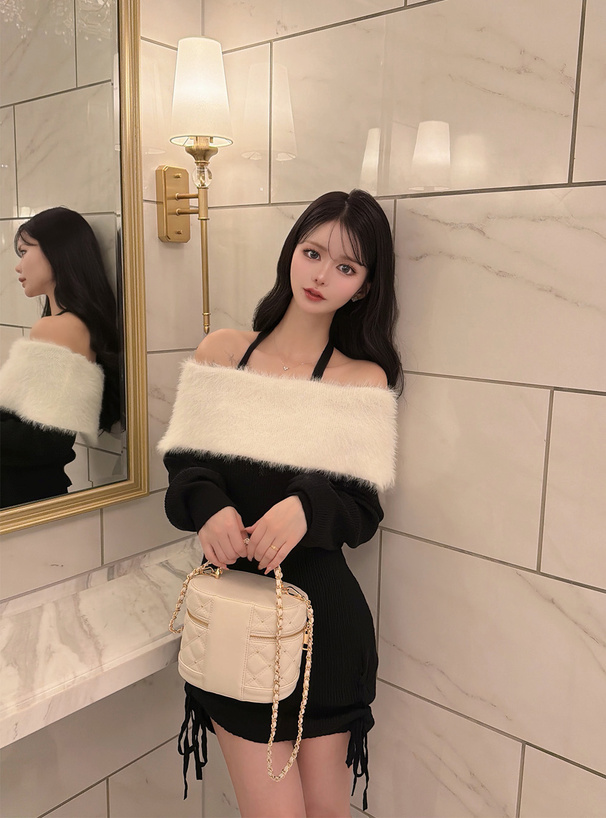 ホルターネックシャギーオフショルダーレースアップリブニットミニワンピース