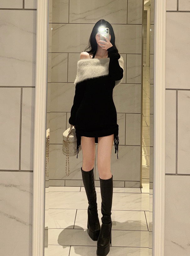 ホルターネックシャギーオフショルダーレースアップリブニットミニワンピース