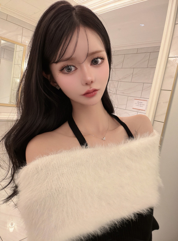 ホルターネックシャギーオフショルダーレースアップリブニットミニワンピース