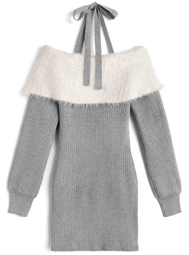 ホルターネックシャギーオフショルダーレースアップリブニットミニ