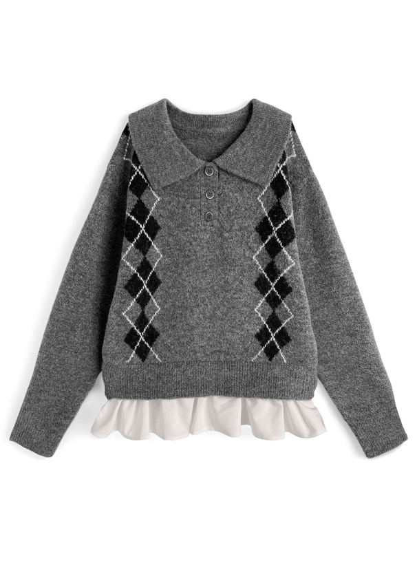 アーガイル柄フリルニットトップス