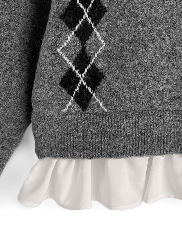 アーガイル柄フリルニットトップス