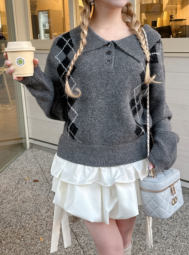 アーガイル柄フリルニットトップス[lt161] | レディースファッション