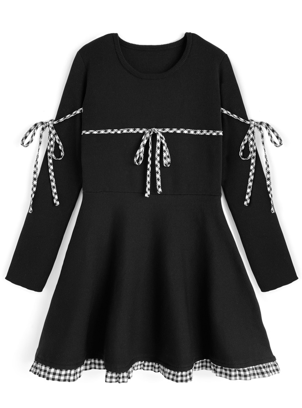 ギンガムチェック柄リボンフレアニットワンピース[lt162]
