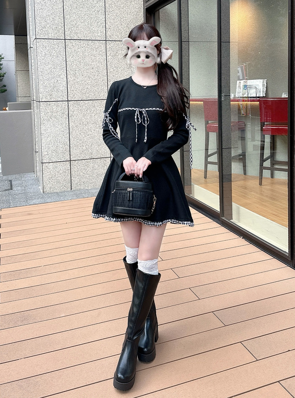 ギンガムチェック柄リボンフレアニットワンピース[lt162] | レディース