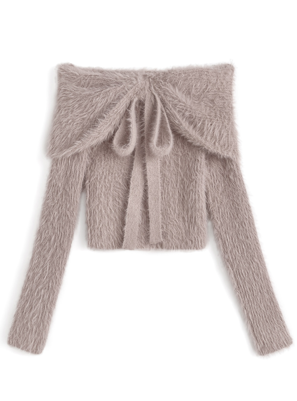 2Wayシャギーオフショルダーリボンニットトップス