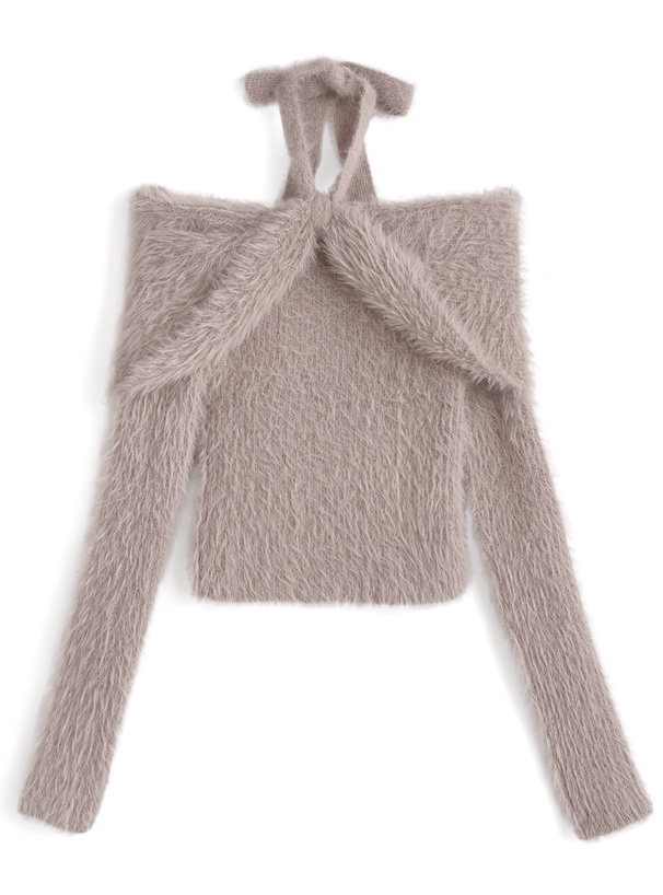 2Wayシャギーオフショルダーリボンニットトップス