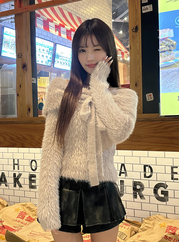 2Wayシャギーオフショルダーリボンニットトップス