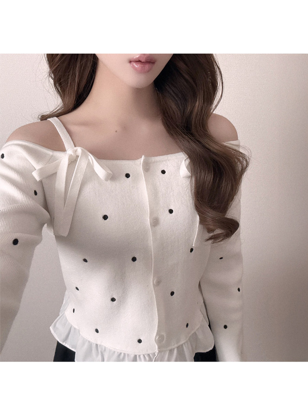 ドット柄オフショルダーニットトップス