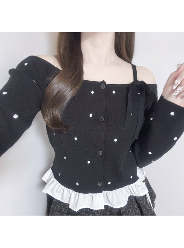 ドット柄オフショルダーニットトップス