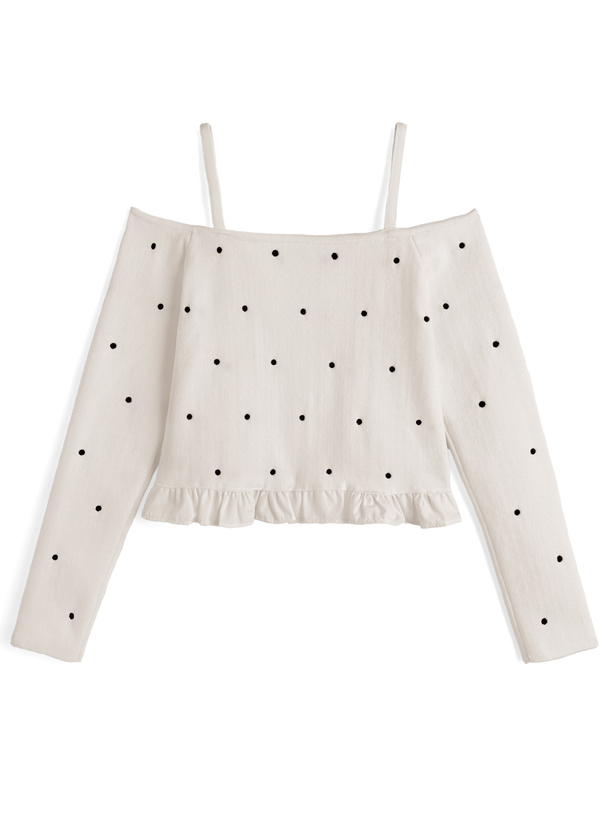 ドット柄オフショルダーニットトップス