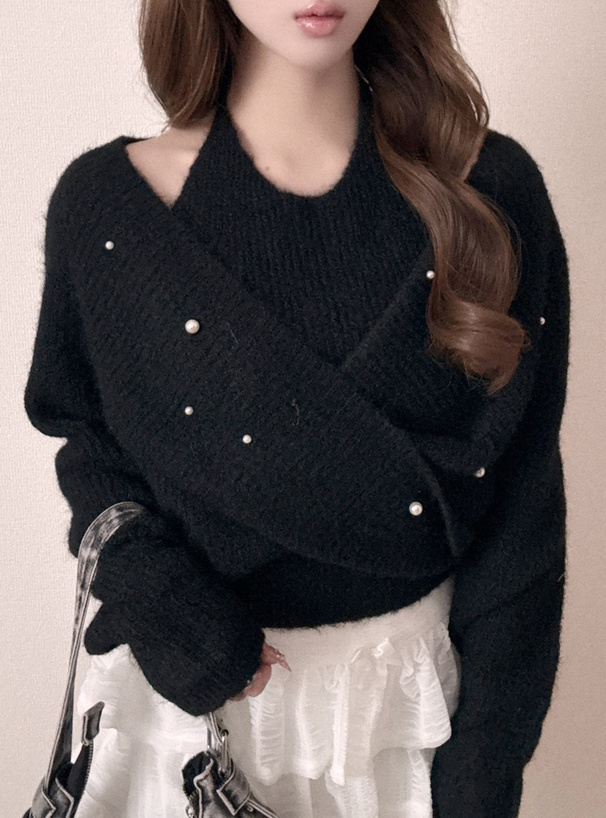 レイヤード風カシュクールニットトップス