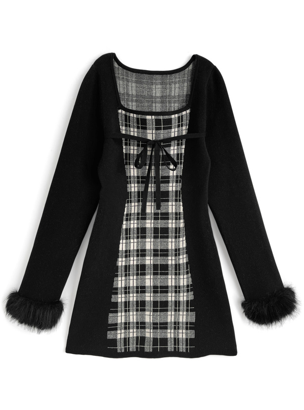 チェック柄ファーリボンニットワンピース[lt169]