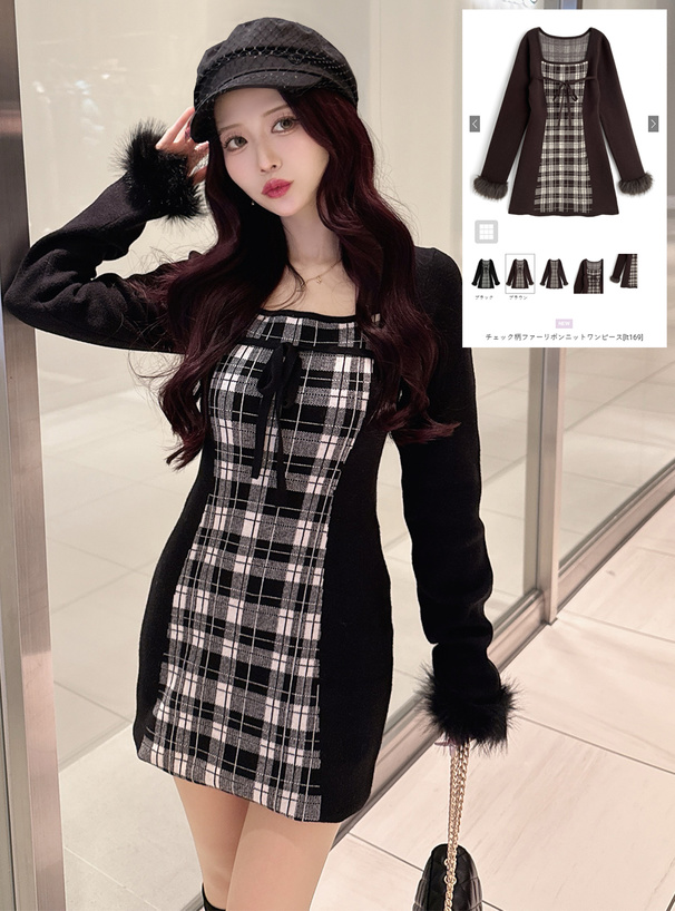 チェック柄ファーリボンニットワンピース[lt169] | レディース