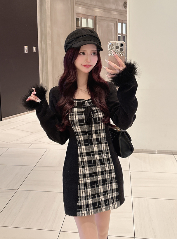 チェック柄ファーリボンニットワンピース[lt169] | レディース