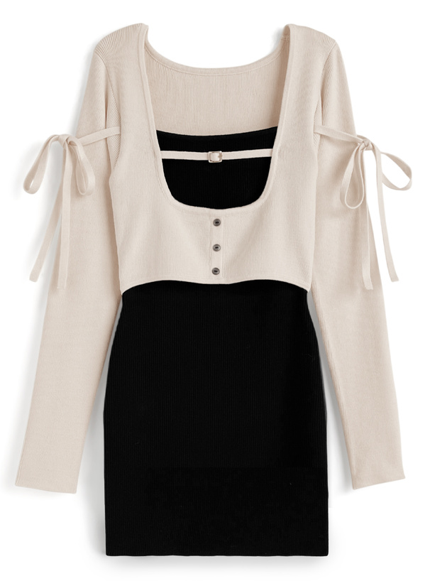 配色レイヤード風ニットミニワンピース