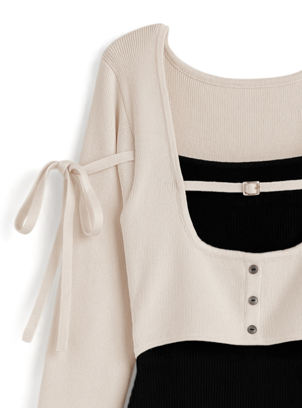 配色レイヤード風ニットミニワンピース