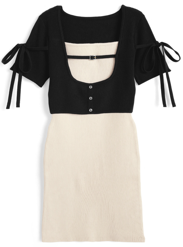 配色レイヤード風ニットミニワンピース