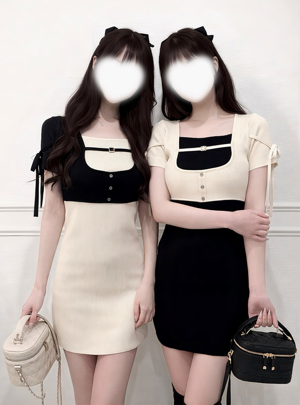 配色レイヤード風ニットミニワンピース