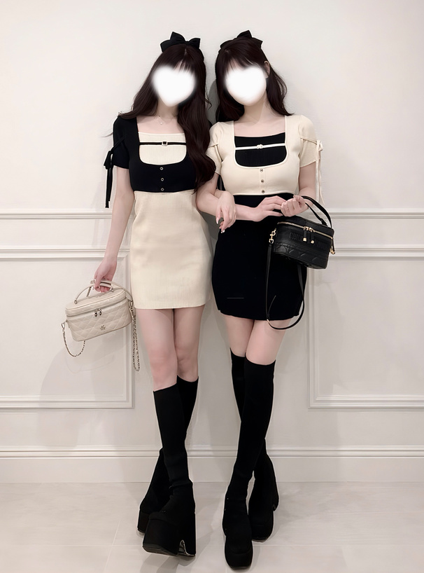 配色レイヤード風ニットミニワンピース