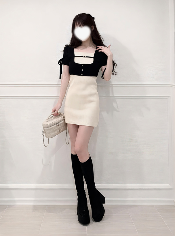 配色レイヤード風ニットミニワンピース