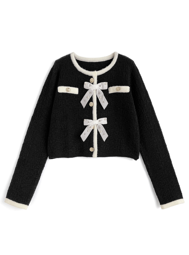 ビジューリボン配色ニットカーディガン