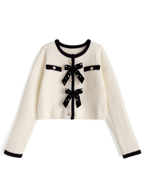 ビジューリボン配色ニットカーディガン