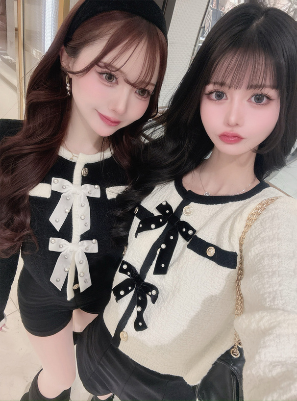 ビジューリボン配色ニットカーディガン