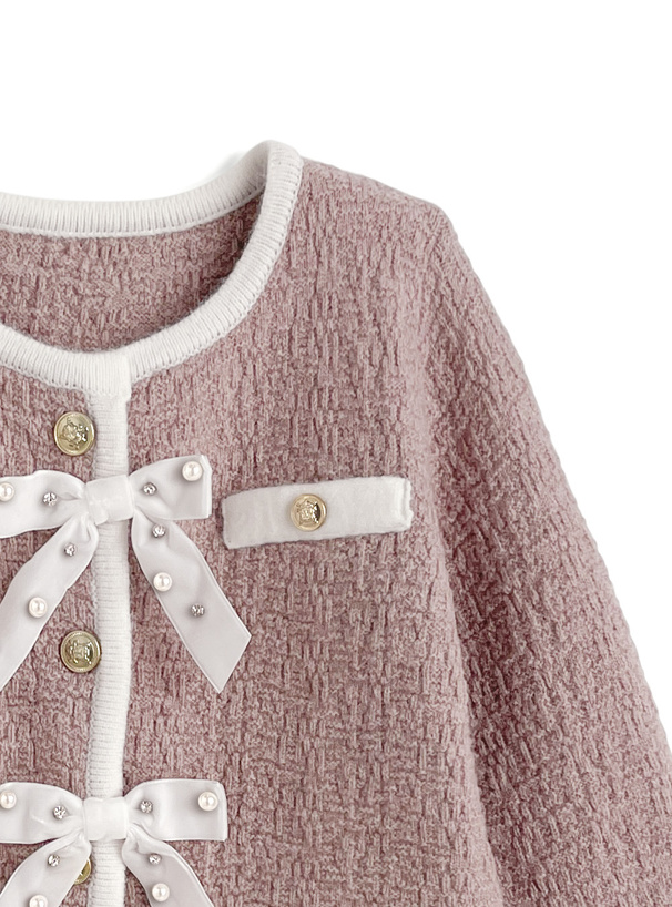 ビジューリボン配色ニットカーディガン