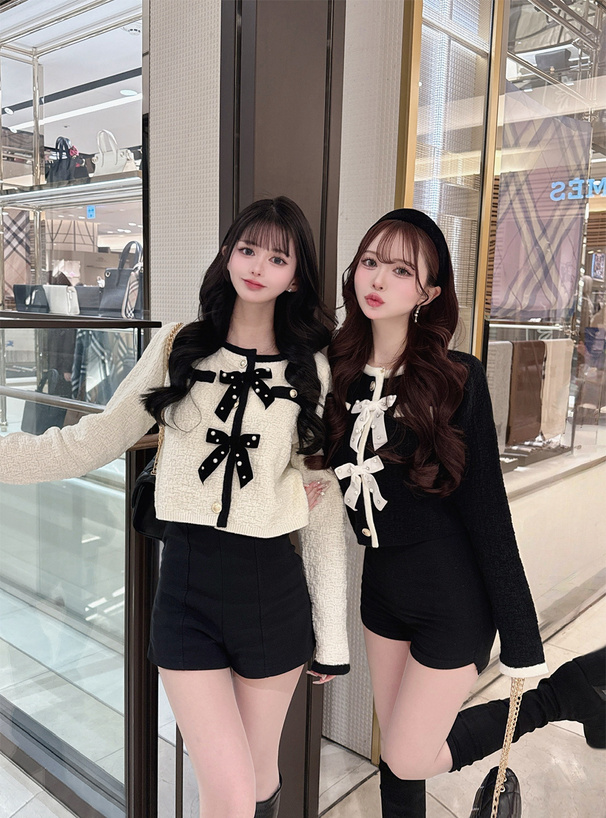 ビジューリボン配色ニットカーディガン