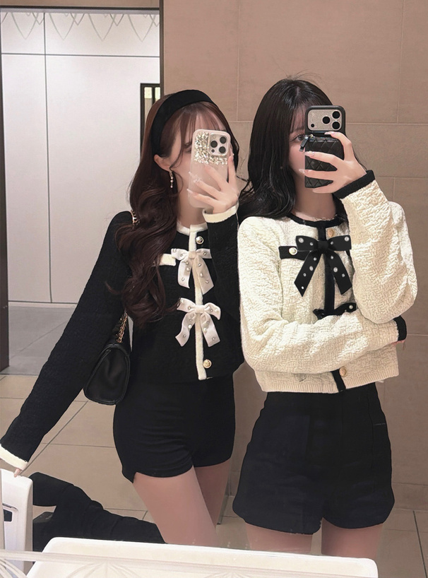 ビジューリボン配色ニットカーディガン