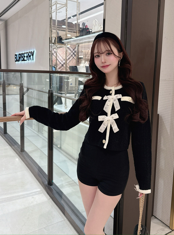 ビジューリボン配色ニットカーディガン