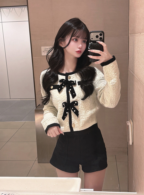 ビジューリボン配色ニットカーディガン