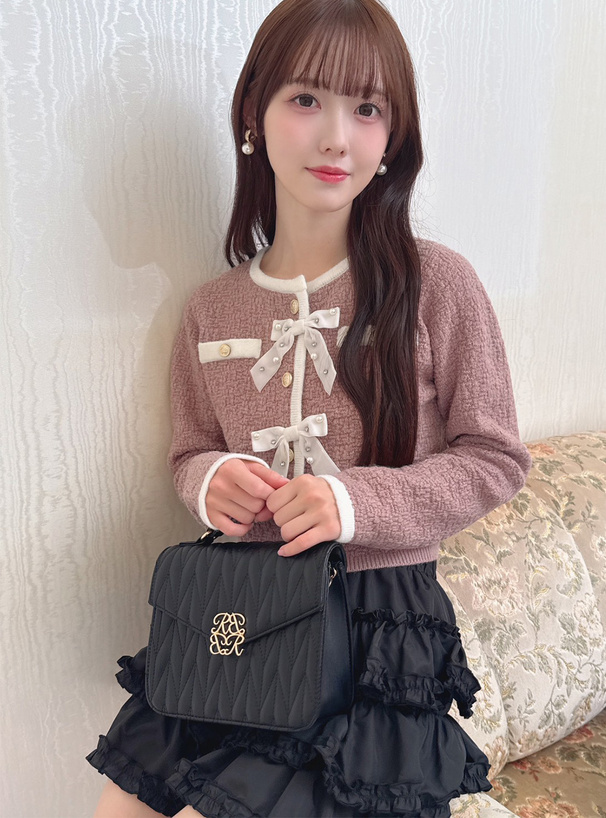 ビジューリボン配色ニットカーディガン