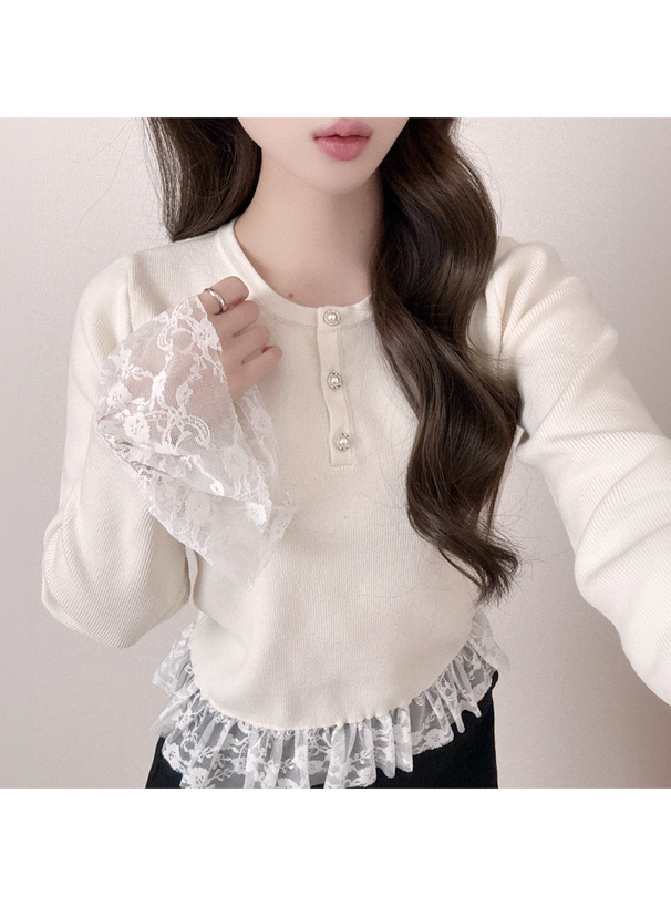レースドッキングヘンリーネックニットトップス[lt172] | レディース